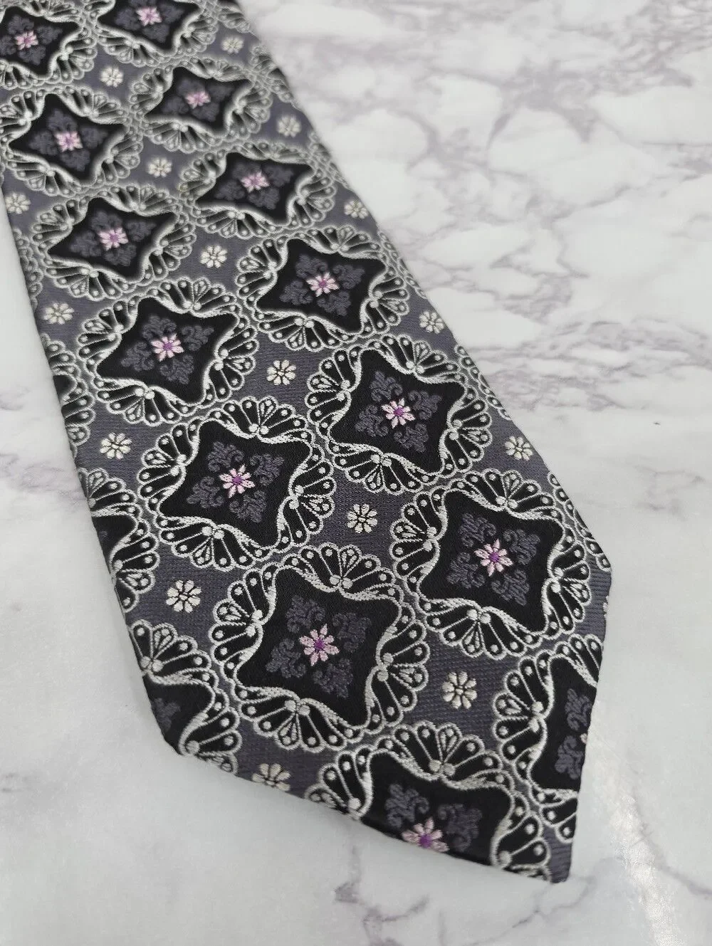 Ike Behar Men's Black Gray Patterned Silk Tie with Subtle Purple Accent Necktie